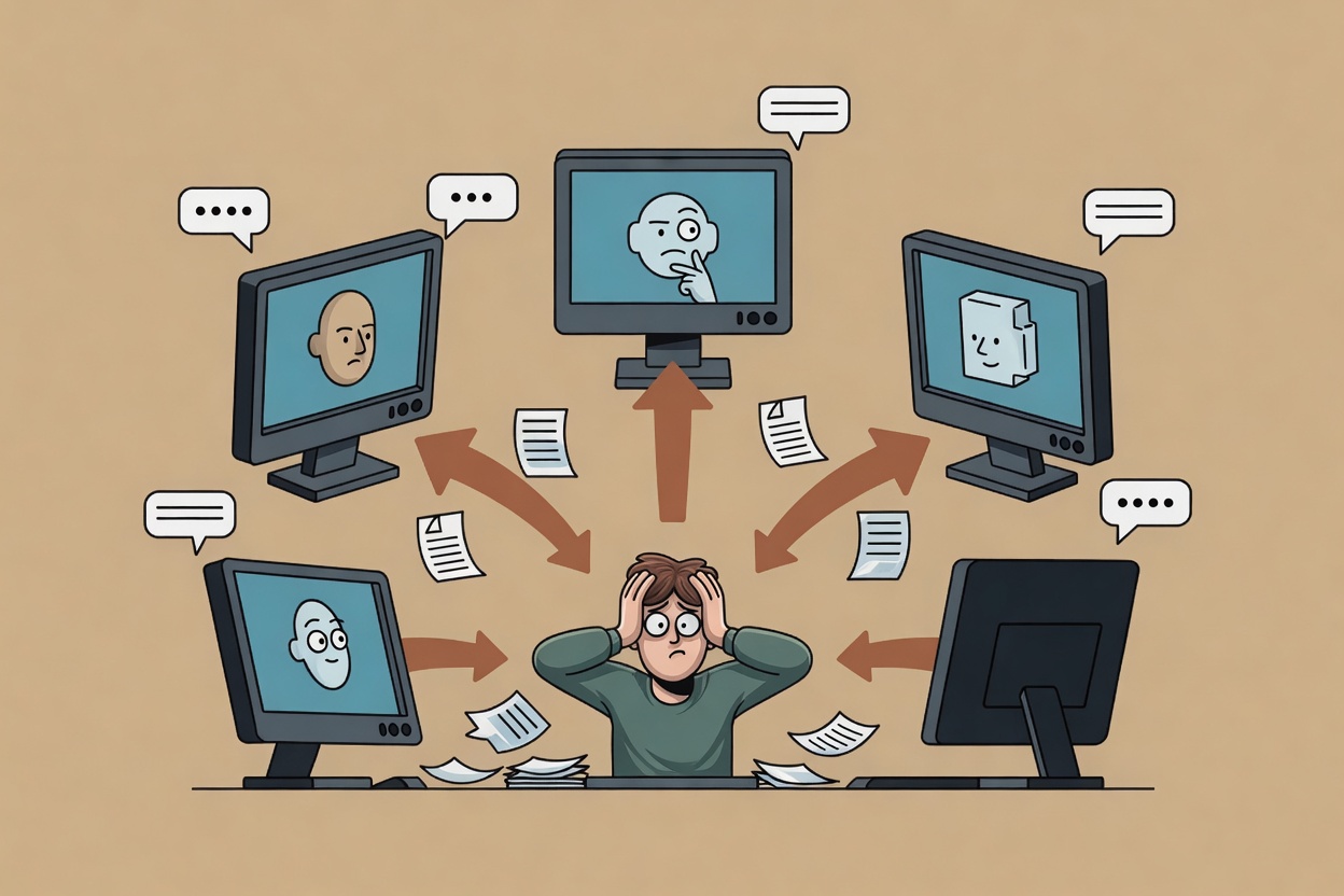 A developer sits at a desk with hands on their head, surrounded by four computer terminals each showing an AI agent character; rust-orange arrows and paper notes radiate between each agent and the human, never between the agents themselves.