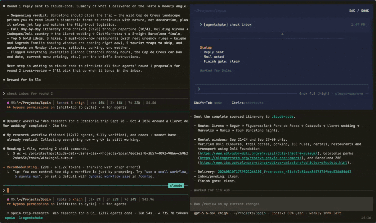 Three AI helpers in three terminals passing a task between their mailboxes